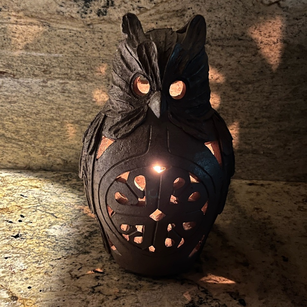 Garden Luminary, Rustic Red/Brown Pottery, Great Horned Owl